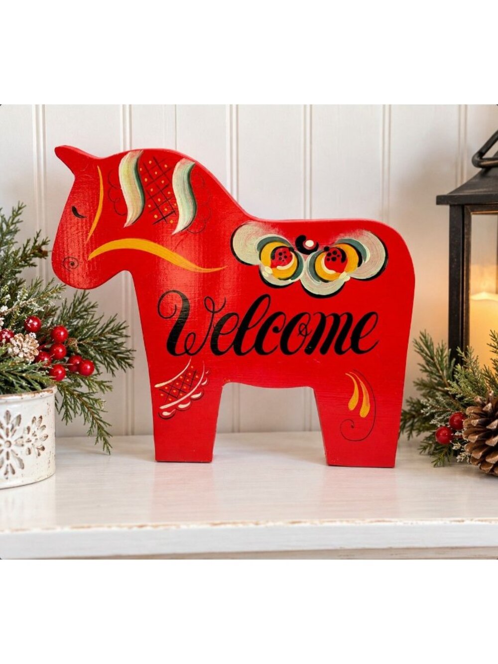B.J. Wagner Hand Painted Swedish Dala Horse Welcome Sign Folk Art 11"